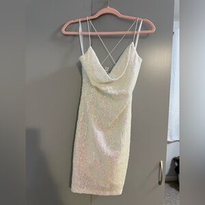 B Darlin Iridescent Cream Sequin Cowl Neck Strapless Dress